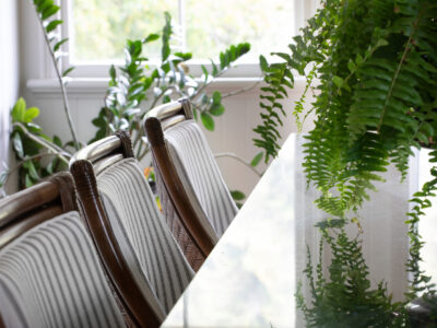 kitchen stools in a ticking stripe with a fern and black bench top kitchen stools in a ticking stripe with a fern and black bench top